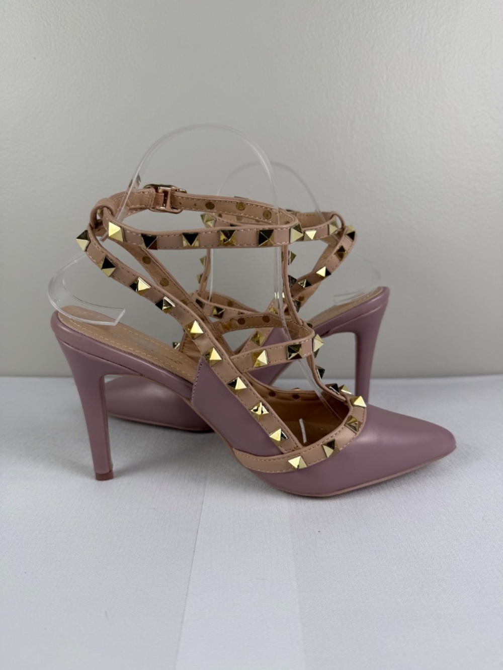 Studded T-Strap Pointed Toe Heels in Dusty Rose - Picture 7 of 10